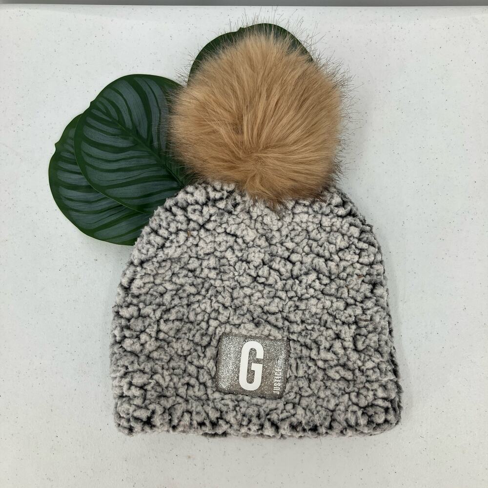 Justice Gray Brown Fleece Lined Faux Sherpa Fur Puff Pom Beanie Winter Youth Hat